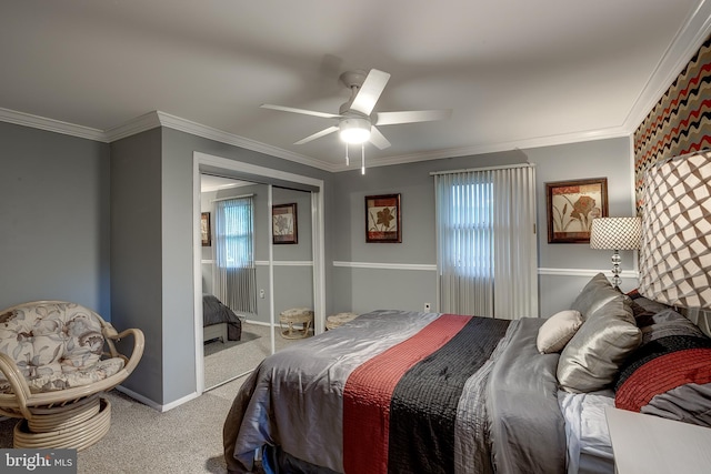 2066 Old York Rd, Burlington, NJ 08016 - bedroom featuring carpet floors, ornamental molding, a closet, a ceiling fan, and baseboards