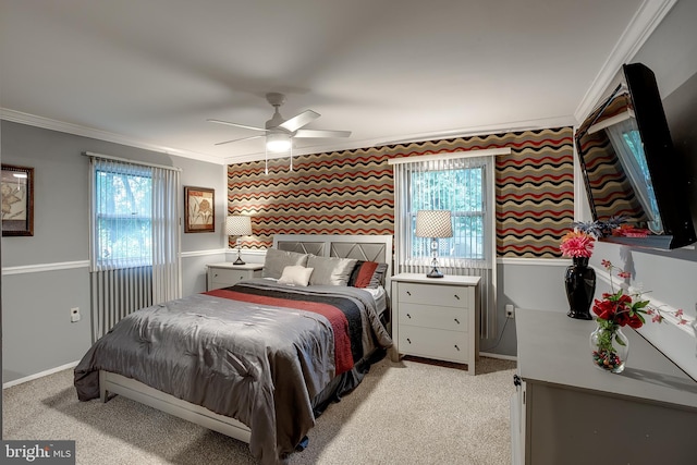 2066 Old York Rd, Burlington, NJ 08016 - bedroom featuring ornamental molding, wallpapered walls, baseboards, an accent wall, and light colored carpet
