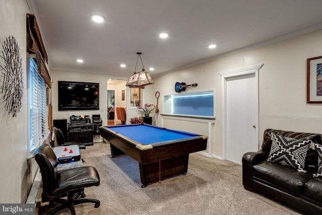 2066 Old York Rd, Burlington, NJ 08016 - recreation room with billiards, recessed lighting, ornamental molding, and carpet