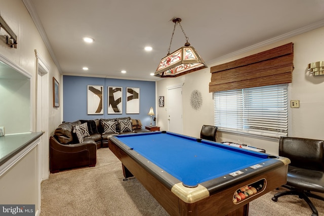 2066 Old York Rd, Burlington, NJ 08016 - recreation room featuring carpet, ornamental molding, billiards, and recessed lighting