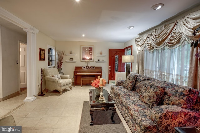 2066 Old York Rd, Burlington, NJ 08016 - living room with ornate columns, light tile patterned floors, and recessed lighting