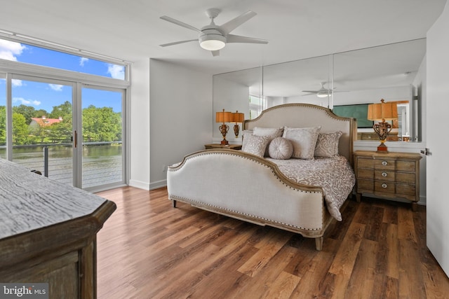 10323 Wilde Lake Ter, Columbia, MD 21044 - bedroom featuring access to exterior, wood finished floors, a water view, and ceiling fan