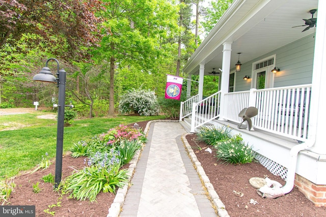 view of yard with covered porch and a ceiling fan