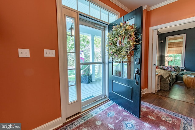 doorway featuring baseboards, ornamental molding, wood finished floors, and a healthy amount of sunlight