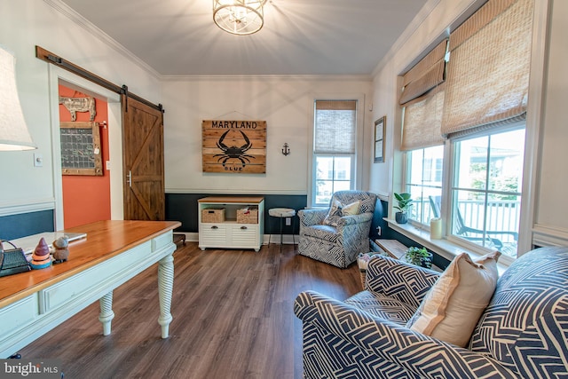 living area with baseboards, a barn door, dark wood-style floors, and ornamental molding