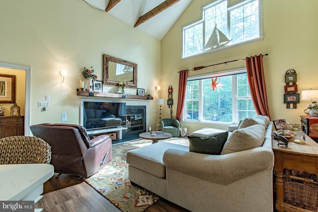 living room featuring high vaulted ceiling, a glass covered fireplace, and wood finished floors