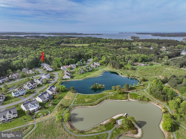 drone / aerial view featuring a water view, a residential view, and a forest view