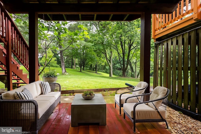 19320 Liberty Heights Ln, Germantown, MD 20874 - view of patio / terrace featuring an outdoor hangout area, stairway, view of wooded area, and a deck