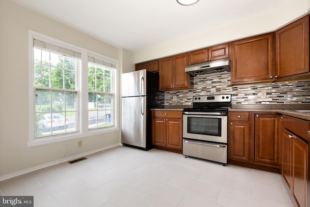 19320 Liberty Heights Ln, Germantown, MD 20874 - kitchen with appliances with stainless steel finishes, under cabinet range hood, dark countertops, and tasteful backsplash