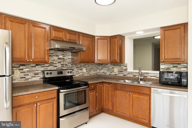 19320 Liberty Heights Ln, Germantown, MD 20874 - kitchen with appliances with stainless steel finishes, under cabinet range hood, and brown cabinets