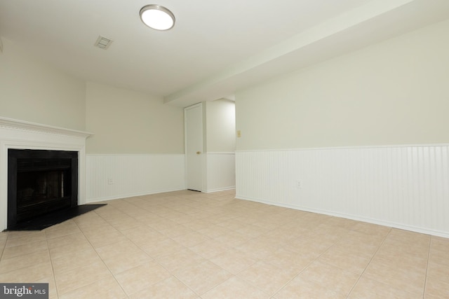 19320 Liberty Heights Ln, Germantown, MD 20874 - unfurnished living room featuring a wainscoted wall, a fireplace, and light tile patterned floors