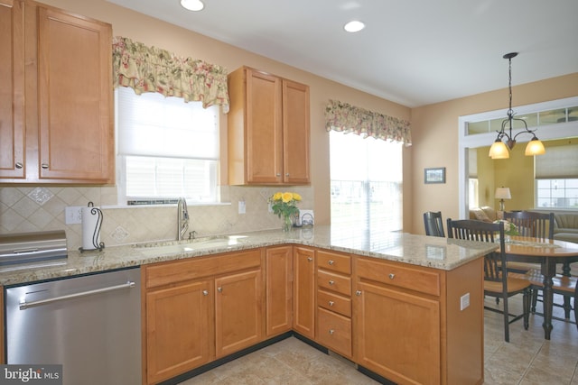 kitchen with tasteful backsplash, stainless steel dishwasher, a peninsula, and a sink
