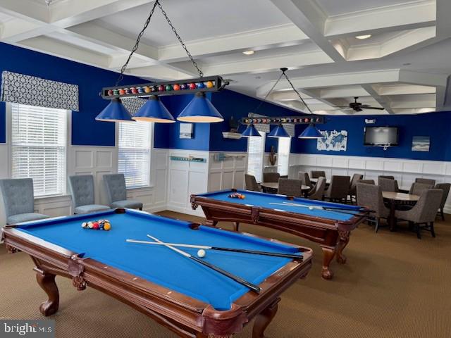 playroom with coffered ceiling, carpet floors, and pool table