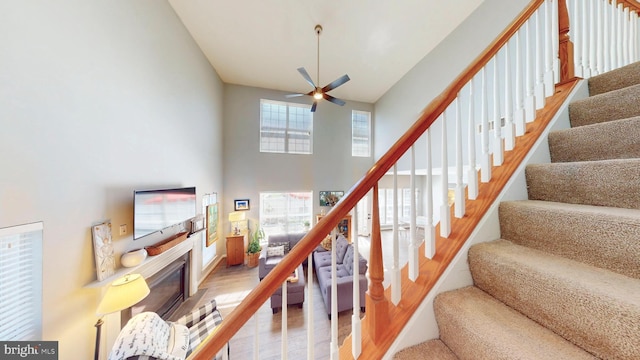 43295 Ardmore St, Ashburn, VA 20147 - stairs with a ceiling fan, a high ceiling, a glass covered fireplace, and wood finished floors