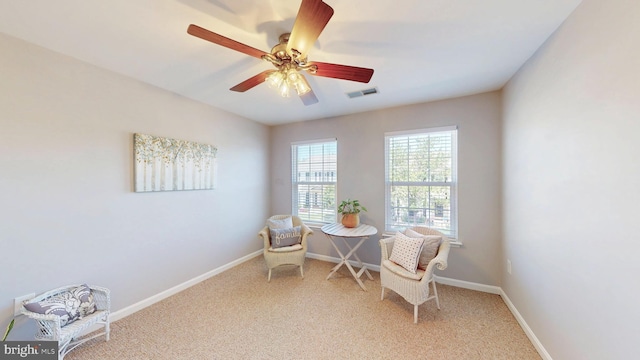 43295 Ardmore St, Ashburn, VA 20147 - sitting room featuring baseboards, visible vents, light carpet, and ceiling fan
