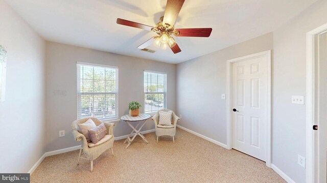 43295 Ardmore St, Ashburn, VA 20147 - living area featuring a ceiling fan, baseboards, visible vents, and carpet