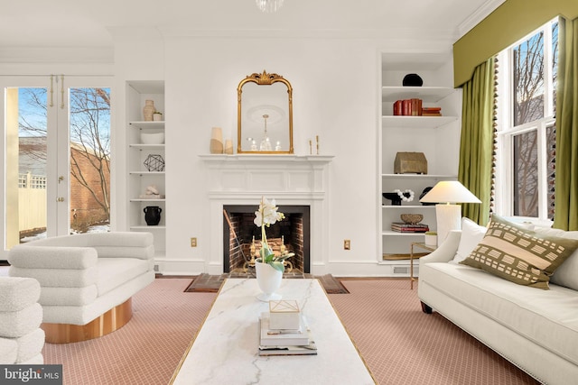 700 6th St SE, Washington, DC 20003 - living area featuring a fireplace with flush hearth, carpet floors, ornamental molding, and built in features
