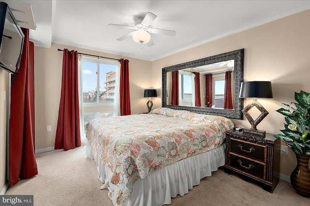 4201 Coastal Hwy Unit 116, Ocean City, MD 21842 - bedroom with baseboards, a ceiling fan, carpet flooring, and crown molding