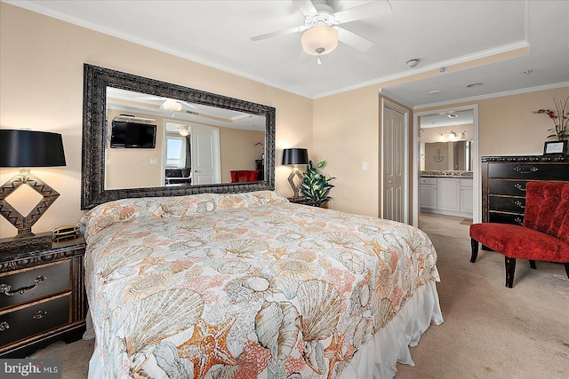 4201 Coastal Hwy Unit 116, Ocean City, MD 21842 - bedroom with connected bathroom, a ceiling fan, ornamental molding, and carpet