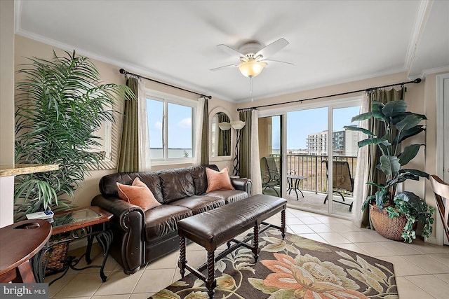 4201 Coastal Hwy Unit 116, Ocean City, MD 21842 - living area featuring crown molding, plenty of natural light, a ceiling fan, and light tile patterned flooring