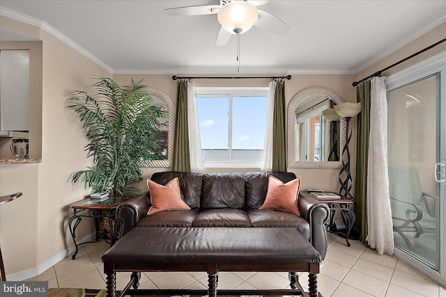 4201 Coastal Hwy Unit 116, Ocean City, MD 21842 - living area featuring ceiling fan, baseboards, crown molding, and light tile patterned floors