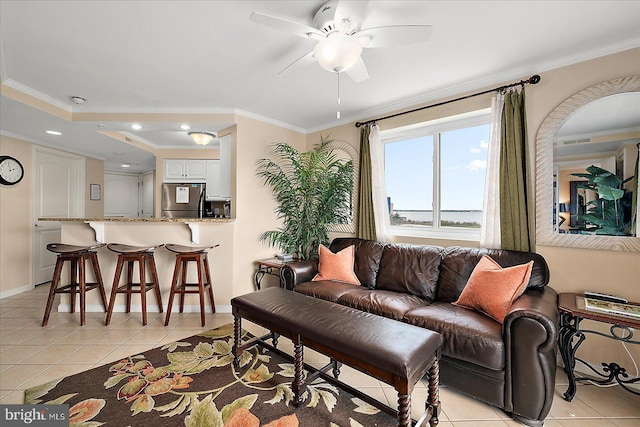 4201 Coastal Hwy Unit 116, Ocean City, MD 21842 - living room featuring a ceiling fan, ornamental molding, and light tile patterned floors
