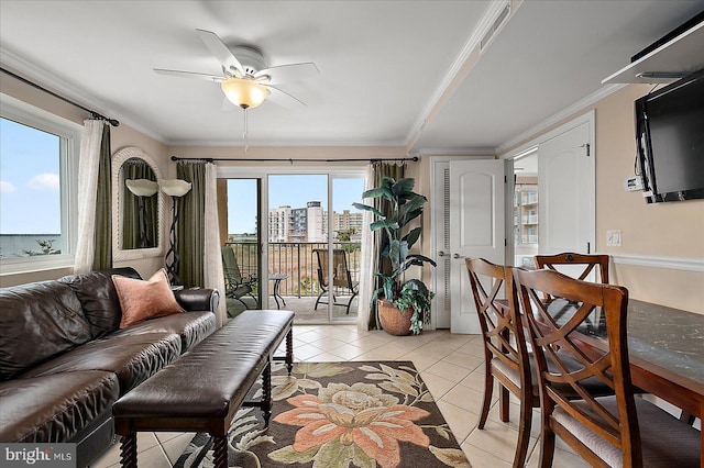 4201 Coastal Hwy Unit 116, Ocean City, MD 21842 - living area with ceiling fan, a healthy amount of sunlight, crown molding, and light tile patterned floors