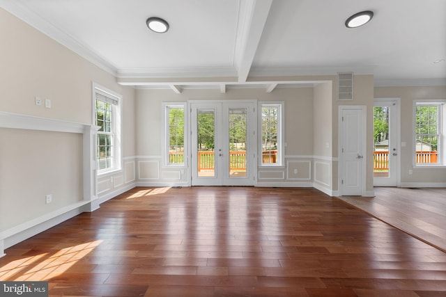 12304 Popes Head Rd, Fairfax, VA 22030 - unfurnished living room featuring beam ceiling, wainscoting, crown molding, a decorative wall, and wood-type flooring