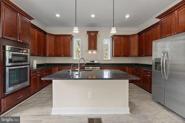12304 Popes Head Rd, Fairfax, VA 22030 - kitchen with visible vents, ornamental molding, an island with sink, and stainless steel appliances