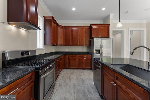 12304 Popes Head Rd, Fairfax, VA 22030 - kitchen with dark brown cabinets, decorative light fixtures, a sink, and appliances with stainless steel finishes