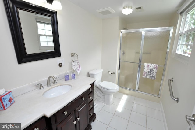 bathroom featuring visible vents, tile patterned flooring, a stall shower, vanity, and toilet