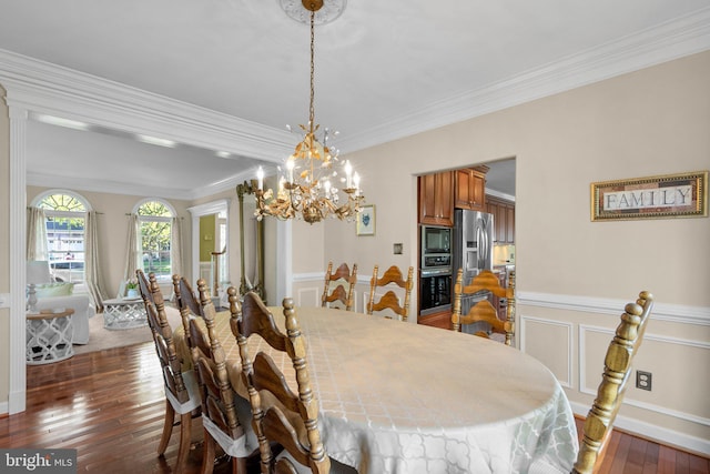 19009 Old Baltimore Rd, Brookeville, MD 20833 - dining room featuring an inviting chandelier, ornamental molding, wainscoting, and dark wood-style floors