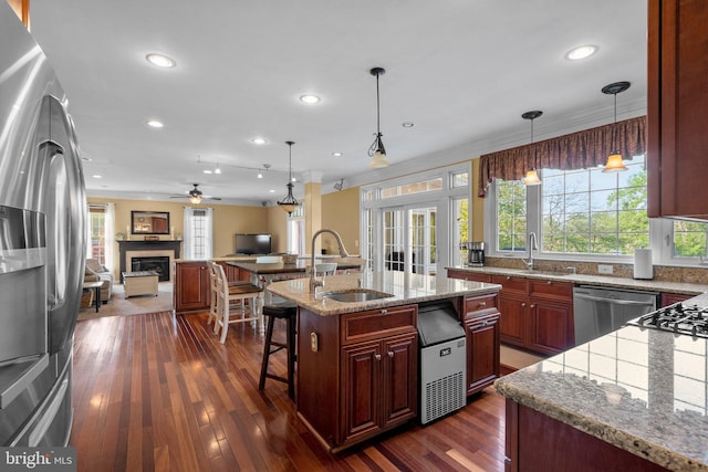 19009 Old Baltimore Rd, Brookeville, MD 20833 - kitchen with a sink, a fireplace, stainless steel appliances, and open floor plan