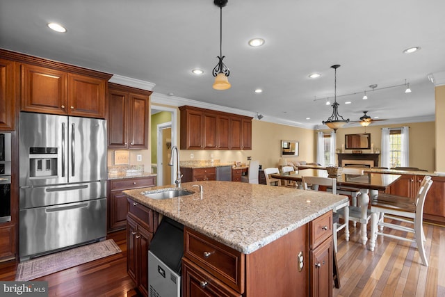 19009 Old Baltimore Rd, Brookeville, MD 20833 - kitchen featuring stainless steel fridge, a sink, and crown molding
