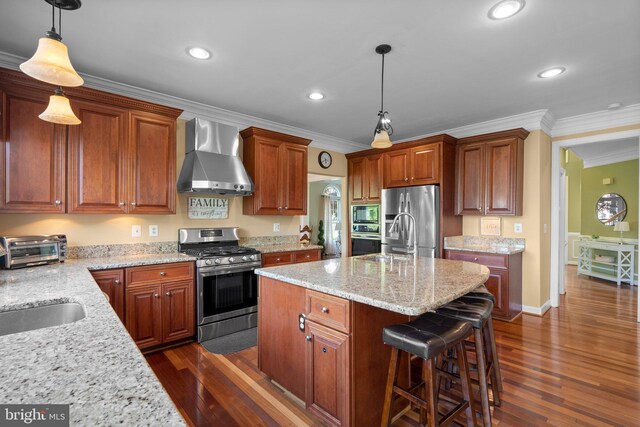 19009 Old Baltimore Rd, Brookeville, MD 20833 - kitchen with appliances with stainless steel finishes, dark wood-style floors, a sink, and wall chimney exhaust hood