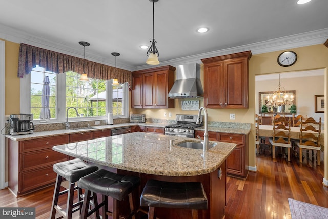 19009 Old Baltimore Rd, Brookeville, MD 20833 - kitchen with wall chimney range hood, a kitchen island with sink, appliances with stainless steel finishes, light stone countertops, and a sink