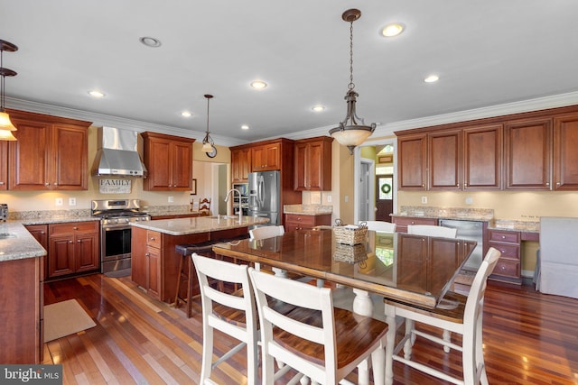 19009 Old Baltimore Rd, Brookeville, MD 20833 - kitchen with ornamental molding, dark wood-style flooring, a center island with sink, wall chimney exhaust hood, and appliances with stainless steel finishes