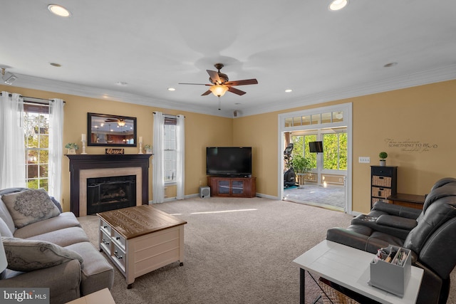 19009 Old Baltimore Rd, Brookeville, MD 20833 - carpeted living area featuring plenty of natural light, a fireplace, a ceiling fan, and recessed lighting
