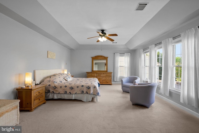 19009 Old Baltimore Rd, Brookeville, MD 20833 - bedroom with a ceiling fan, visible vents, a raised ceiling, baseboards, and light carpet