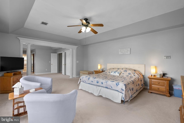 19009 Old Baltimore Rd, Brookeville, MD 20833 - carpeted bedroom featuring baseboards, a ceiling fan, ornate columns, and visible vents