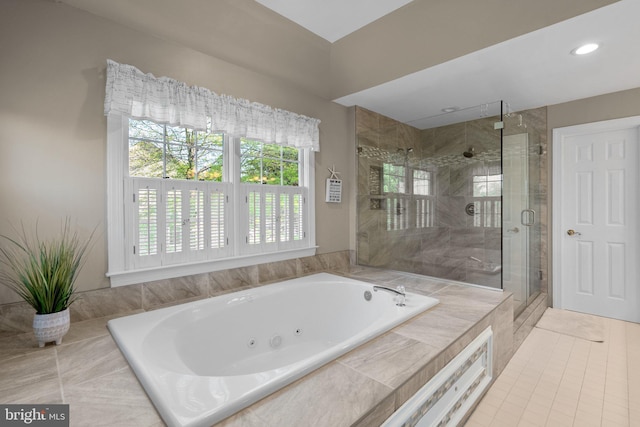19009 Old Baltimore Rd, Brookeville, MD 20833 - bathroom with a whirlpool tub, recessed lighting, a stall shower, and tile patterned floors