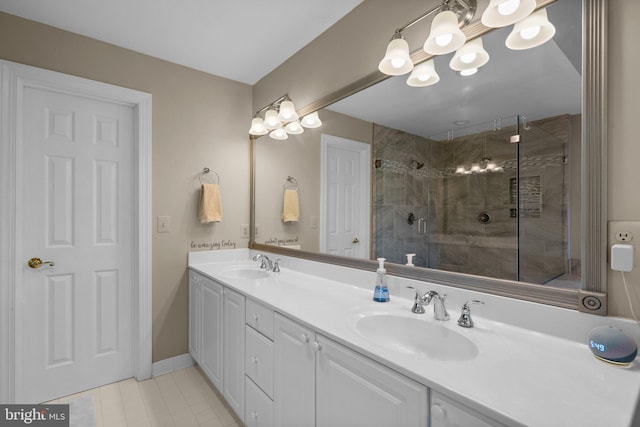 19009 Old Baltimore Rd, Brookeville, MD 20833 - bathroom featuring double vanity, a shower stall, a sink, and tile patterned flooring