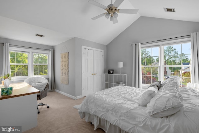 19009 Old Baltimore Rd, Brookeville, MD 20833 - bedroom with visible vents, vaulted ceiling, multiple windows, and light colored carpet