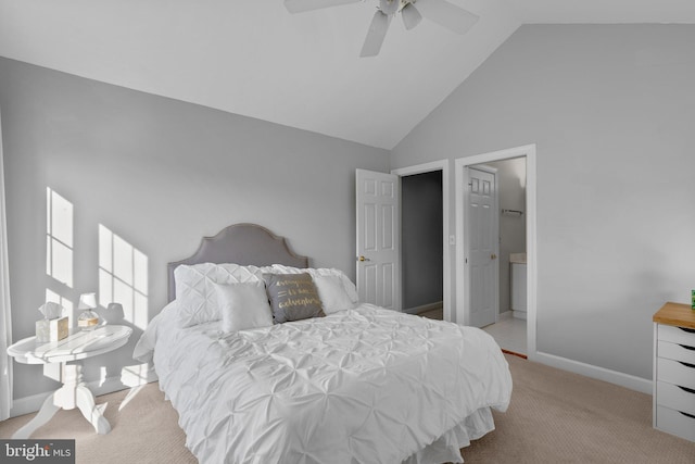 19009 Old Baltimore Rd, Brookeville, MD 20833 - bedroom featuring ceiling fan, high vaulted ceiling, light colored carpet, and baseboards