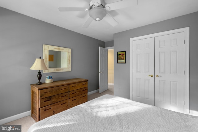 19009 Old Baltimore Rd, Brookeville, MD 20833 - bedroom featuring a ceiling fan, baseboards, light carpet, and a closet
