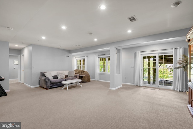 19009 Old Baltimore Rd, Brookeville, MD 20833 - living room featuring baseboards, visible vents, recessed lighting, and light colored carpet