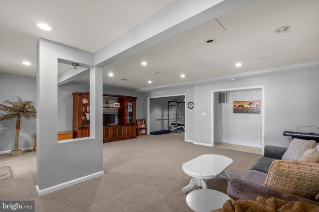 19009 Old Baltimore Rd, Brookeville, MD 20833 - living room with baseboards, recessed lighting, and light colored carpet