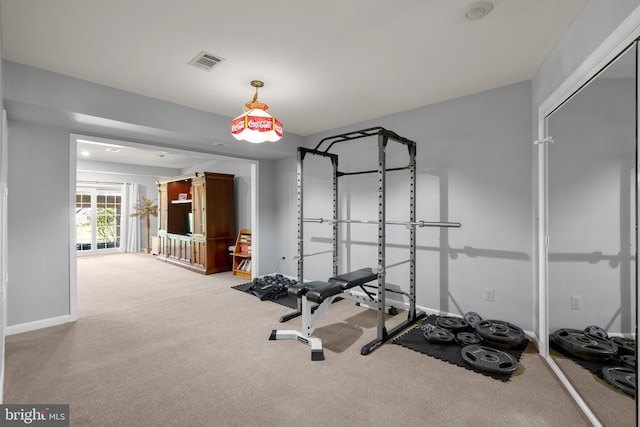 19009 Old Baltimore Rd, Brookeville, MD 20833 - workout room featuring carpet floors, baseboards, and visible vents