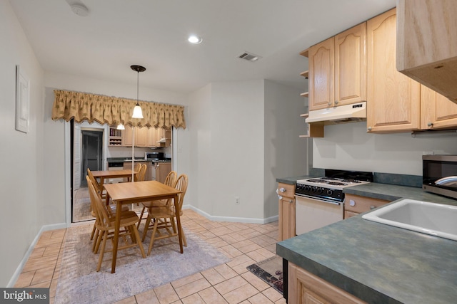 19009 Old Baltimore Rd, Brookeville, MD 20833 - kitchen with visible vents, light brown cabinetry, dark countertops, white electric range oven, and under cabinet range hood