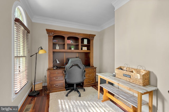 19009 Old Baltimore Rd, Brookeville, MD 20833 - office area featuring crown molding, baseboards, wood finished floors, and visible vents